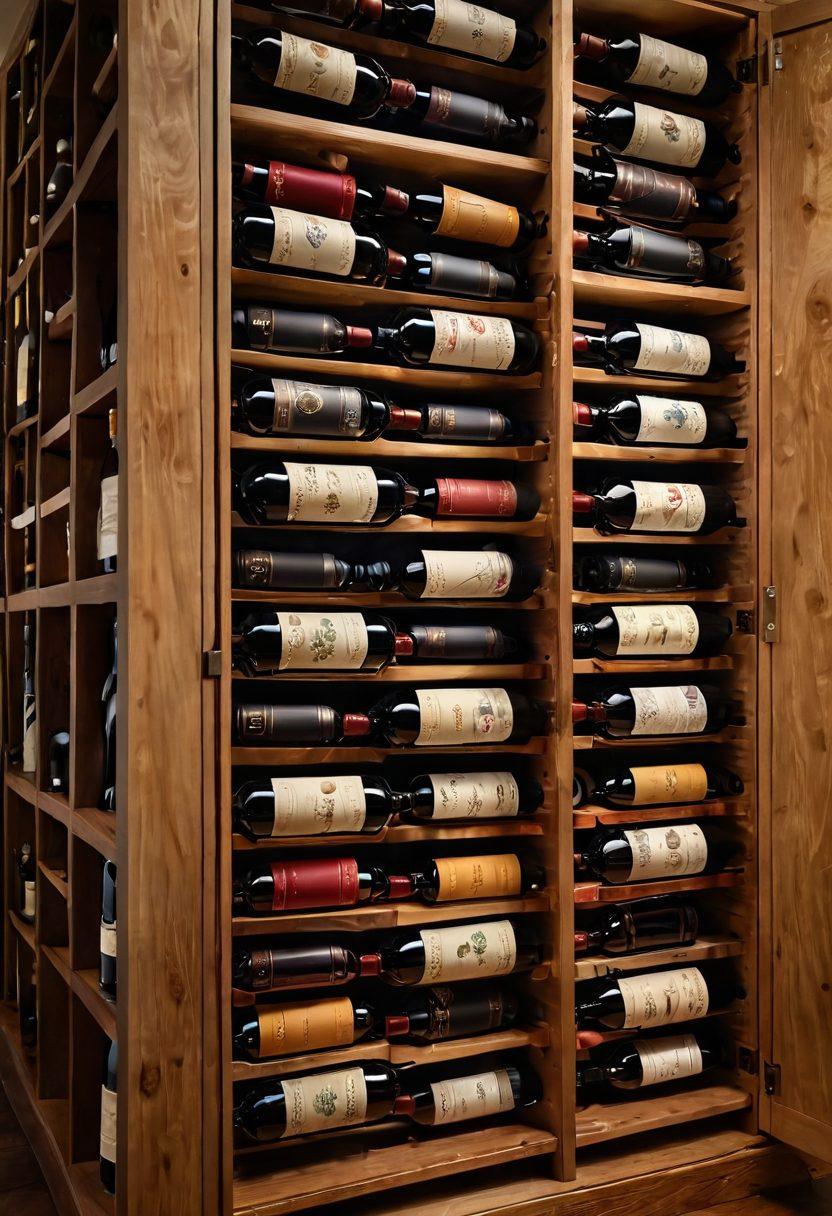 An elegant wooden wine rack filled with various premium wine bottles, each with ornate labels showcasing their unique regions. In the background, a softly lit digital marketplace interface, hinting at online wine browsing with vibrant colors. A sophisticated glass of red wine sits in the foreground, reflecting gentle light, with a subtle map of wine regions woven into the design. super-realistic. vibrant colors. soft lighting.