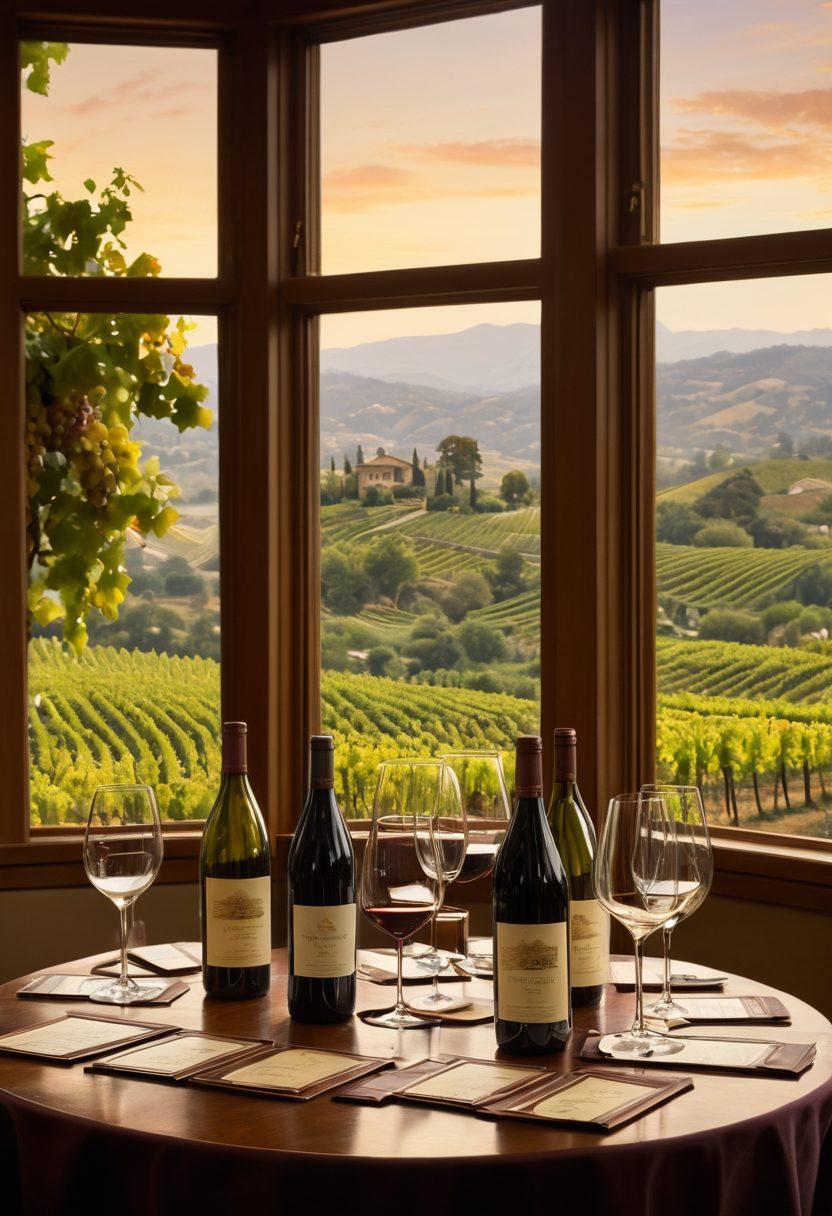 A sophisticated auction scene featuring elegant individuals raising paddles to bid on rare wine bottles. Lush vineyards visible through large windows, showcasing the beauty of the wine country. Soft, warm lighting creates an intimate atmosphere with detailed wine labels and glasses on a nearby table, symbolizing exclusivity and investment. The overall tone is luxurious and inviting. super-realistic. vibrant colors.