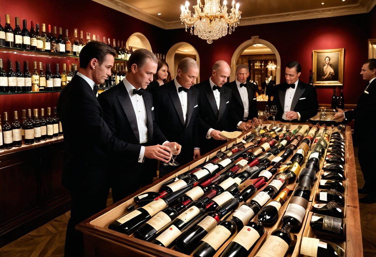 A luxurious wine auction scene featuring elegant collectors examining rare wine bottles, surrounded by opulent décor and soft ambient lighting. Display an intricately designed auction paddle in one hand of the central figure, with vintage wine labels showcased prominently. Include an assortment of fine wines glistening in glass display cases, evoking a sense of exclusivity and anticipation. The background should subtly hint at a bustling auction with soft whispers of excited bidders. opulent style. warm colors. elegant atmosphere.